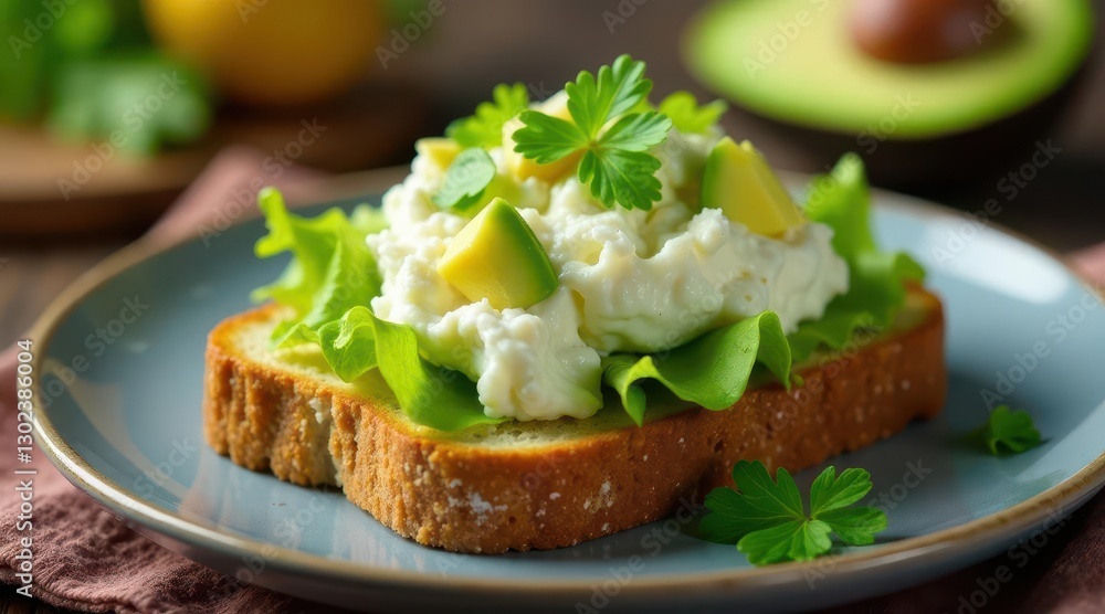 Delicious Avocado and Creamy Cheese Open-Faced Sandwich on Toasted Bread with Fresh Greens Delicious Avocado and Creamy Cheese Open-Faced Sandwich on Toasted Bread with Fresh Greens