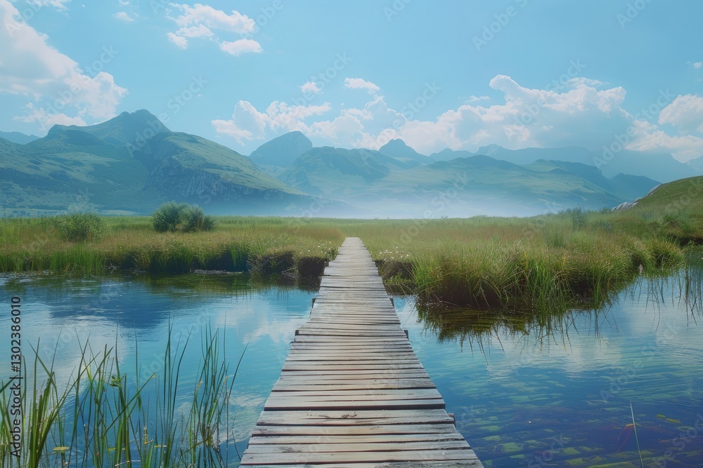 Ultra Hd Image of Reflective Wooden Passage Over a Small Lake with Mountain Horizon Ultra Hd Image of Reflective Wooden Passage Over a Small Lake with Mountain Horizon