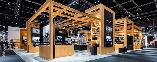 Camera equipment is exhibited at a modern professional trade show