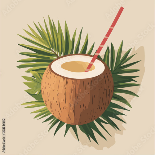 A flat 2D vector of a coconut with a straw and tropical leaves.