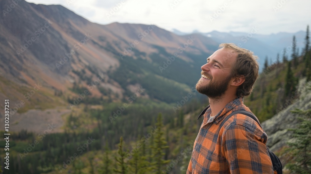 Naklejka premium Happy Man Enjoying Mountaintop View Breathtaking Scenery