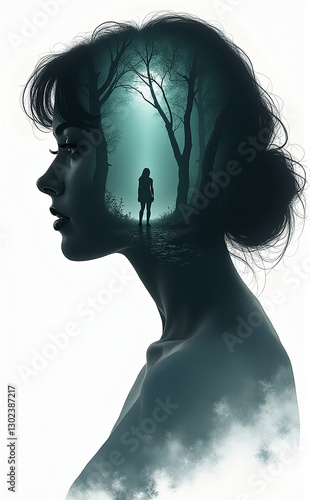 A serene and haunting double exposure portrait, blending the silhouette of a woman with a misty forest scene, evoking themes of introspection and mystery.