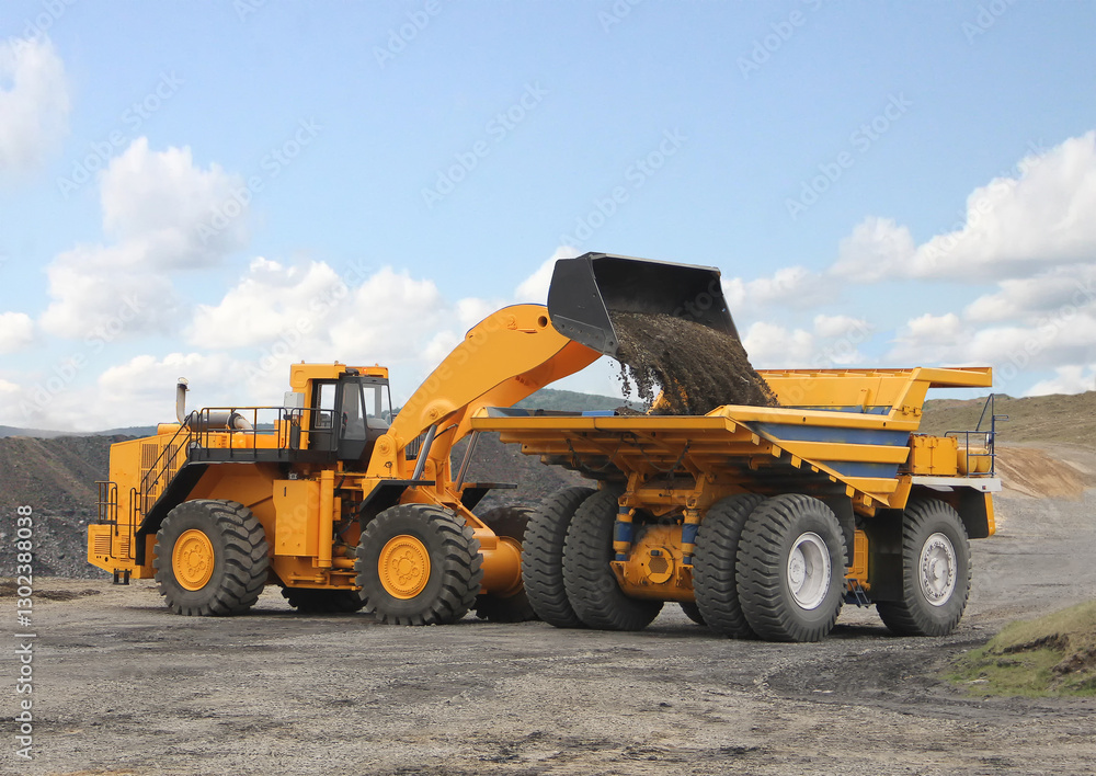 Wheel loader loads the ore into the mining dump truck. No AI tools Wheel loader loads the ore into the mining dump truck. No AI tools