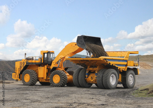 Wheel loader loads the ore into the mining dump truck. No AI tools