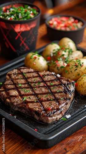 Grilled steak with potatoes on dark plate, wood