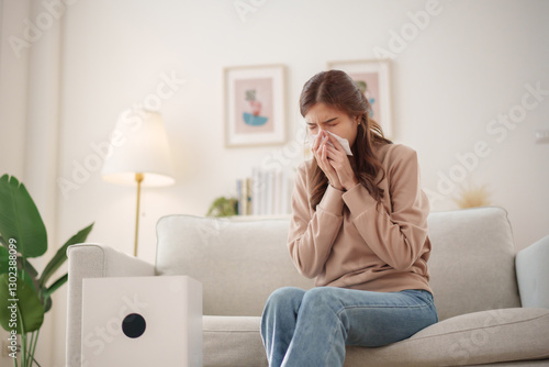 Young Asian woman sits on a couch, sneezing and holding a tissue to her nose while an air purifier operates nearby to improve air quality.
