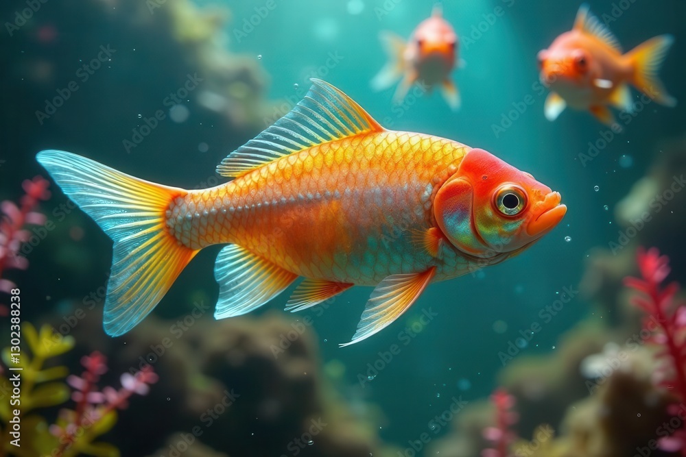 A vibrant orange fish gracefully swims amidst underwater flora and fauna, its scales shimmering with iridescent hues, while other fish appear in the background, creating a serene aquatic scene. A vibrant orange fish gracefully swims amidst underwater flora and fauna, its scales shimmering with iridescent hues, while other fish appear in the background, creating a serene aquatic scene.