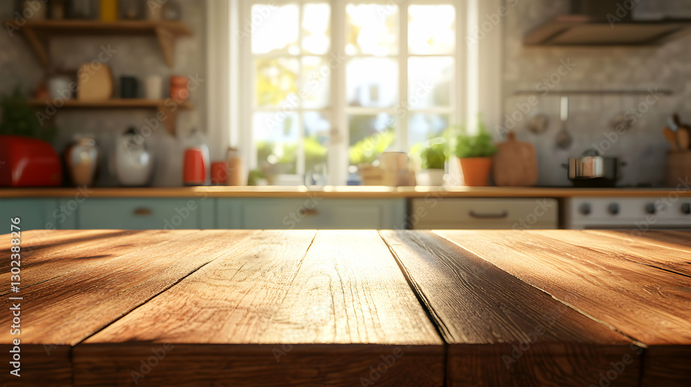 Sunlit Wooden Tabletop with Blurred Kitchen Backdrop, Perfect for product placement and culinary presentations showcases the warmth of a kitchen environment Sunlit Wooden Tabletop with Blurred Kitchen Backdrop, Perfect for product placement and culinary presentations showcases the warmth of a kitchen environment