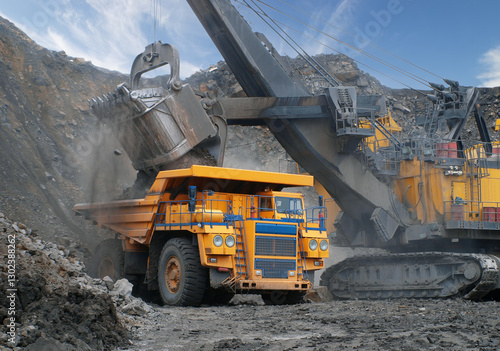 Industrial excavator loading ore into big yellow truck of quarry. Open-pit mining of coal, ore, granite. No AI tools