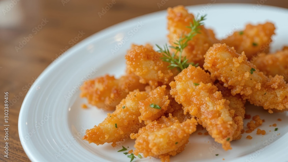 Crispy Fried Shrimp Garnished With Fresh Herbs Served on a White Plate at a Restaurant Crispy Fried Shrimp Garnished With Fresh Herbs Served on a White Plate at a Restaurant