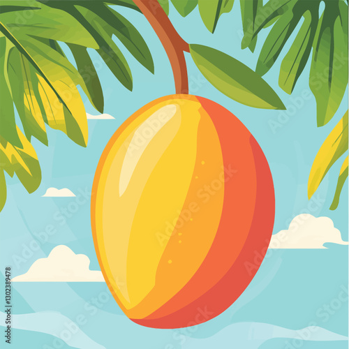 A flat 2D vector of a ripe mango with a tropical background.