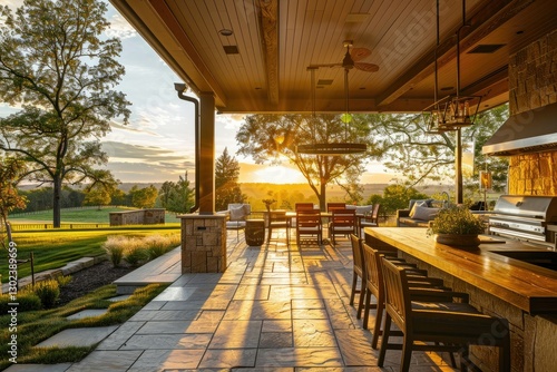 High Definition View of Luxury Home Exterior at Sunset with Outdoor Patio and Kitchen Area