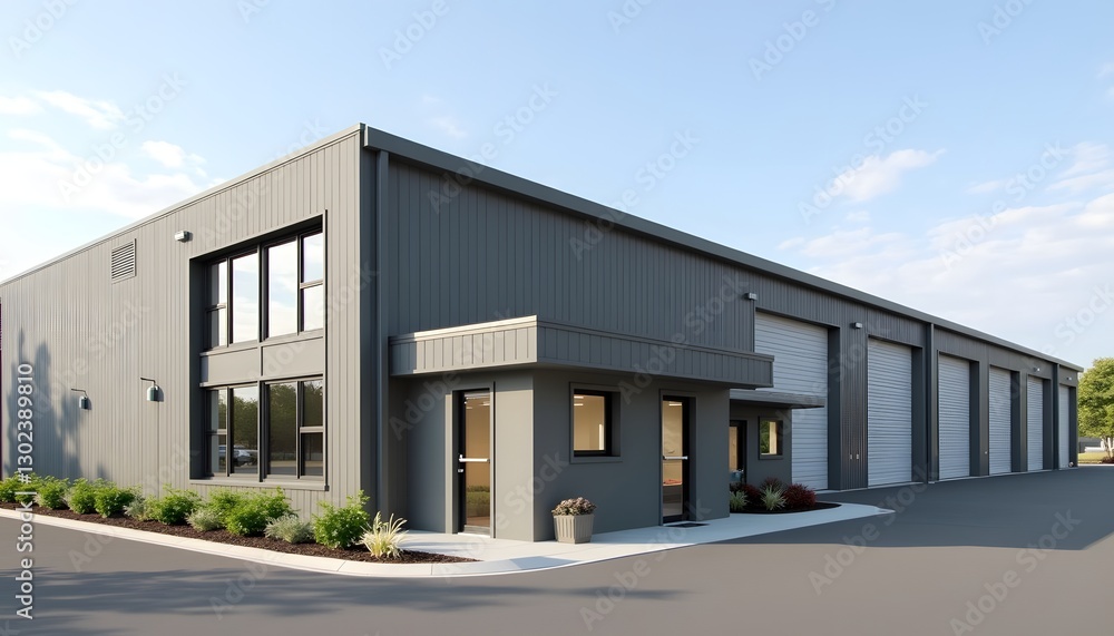 xterior of a modern warehouse with a small office unit.
xterior of a modern warehouse with a small office unit.