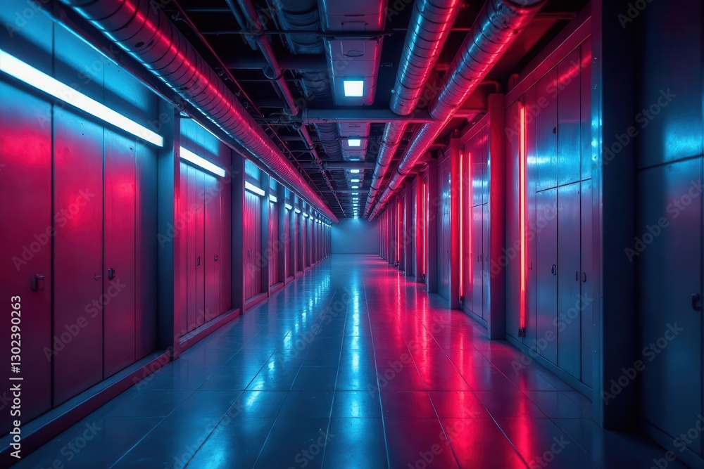 A long corridor with vibrant red and blue neon lighting, metallic doors, and industrial piping overhead A long corridor with vibrant red and blue neon lighting, metallic doors, and industrial piping overhead