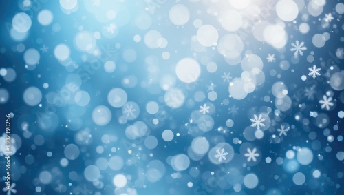 Abstract Background of Blue Winter Bokeh with Snowflakes and Soft Light Particles