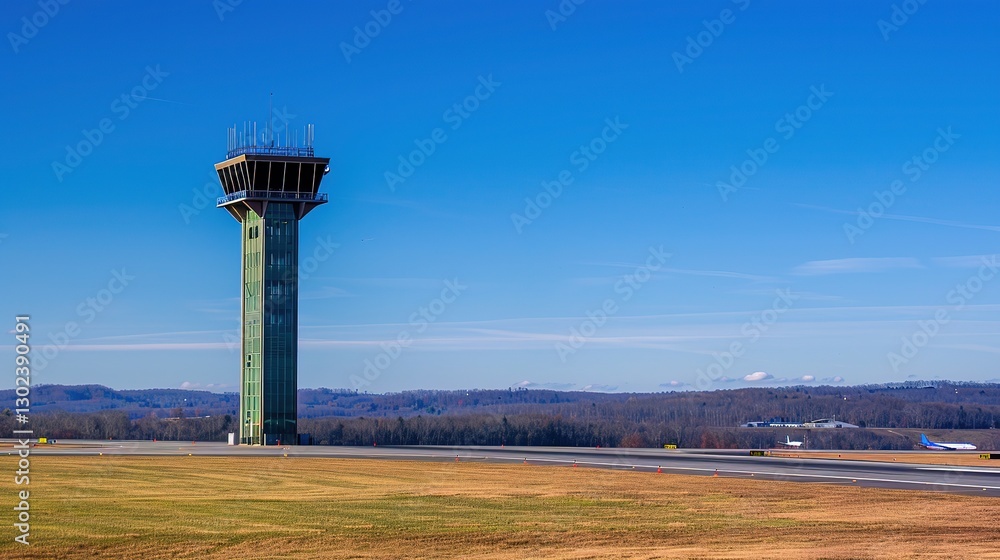 Aerial view of a modern air traffic control tower with airplanes taking off and landing on surrounding runways, showcasing aviation infrastructure and air transportation concepts. Aerial view of a modern air traffic control tower with airplanes taking off and landing on surrounding runways, showcasing aviation infrastructure and air transportation concepts.