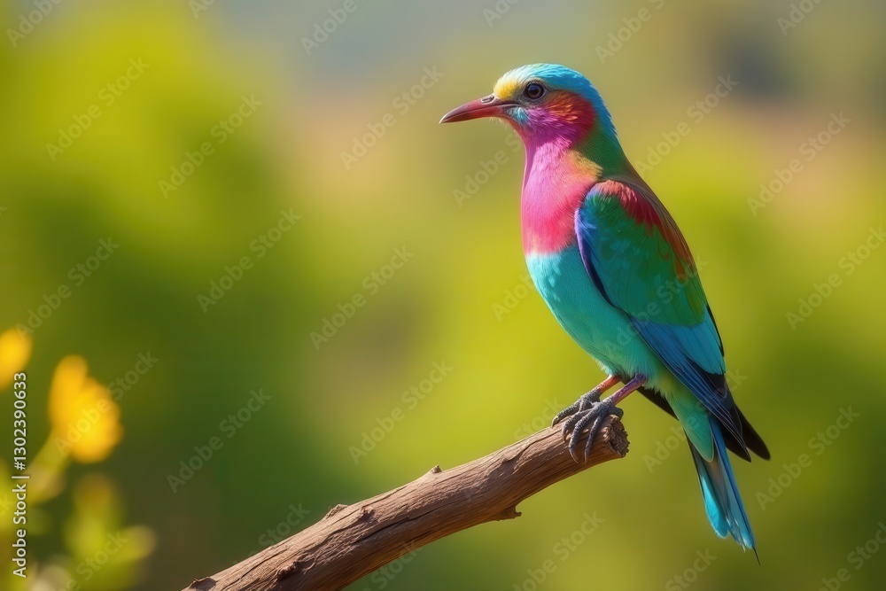 Vibrant feathered creature perched on a branch, showcasing iridescent plumage in a sunlit natural setting Vibrant feathered creature perched on a branch, showcasing iridescent plumage in a sunlit natural setting