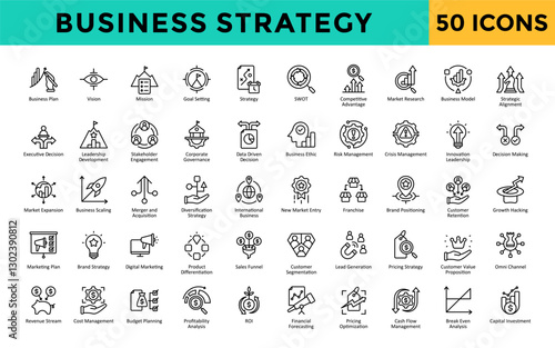 Business Strategy icons set with business plan, vision, mission, goal setting, strategy, swot, competitive advantage, market research, business model, strategic alignment icon. Simple line vector 
