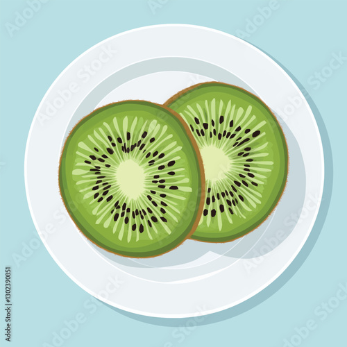 A flat 2D vector of a kiwi sliced in half on a plate.