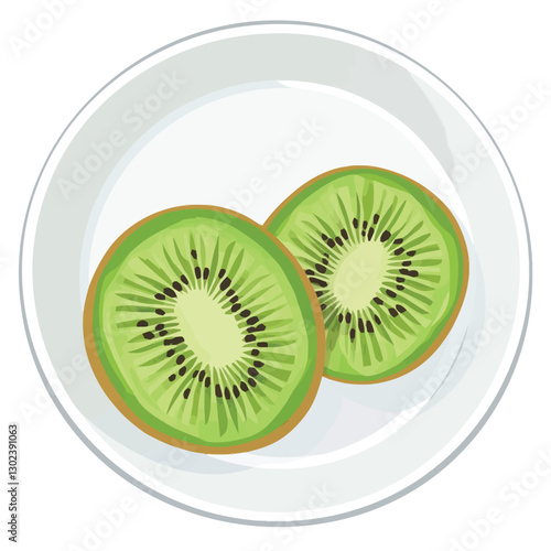 A flat 2D vector of a kiwi sliced in half on a plate.