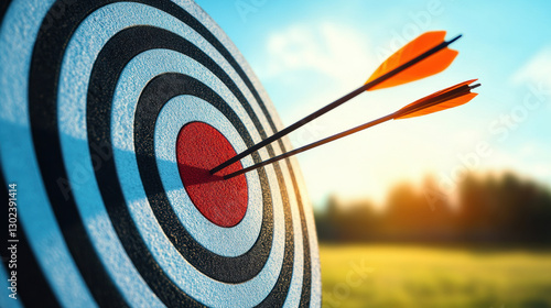 Achieving precision, two arrows hit center of target, symbolizing focus and determination in archery. vibrant background enhances sense of achievement and clarity