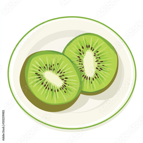 A flat 2D vector of a kiwi sliced in half on a plate.
