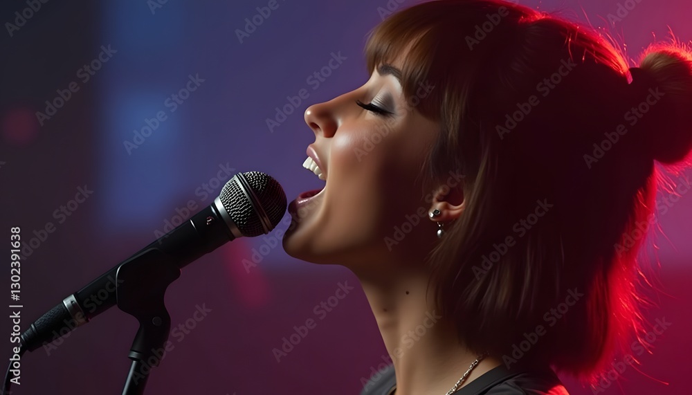 Female singer singing into a microphone. Colorful bokeh lights on background. photo.
Female singer singing into a microphone. Colorful bokeh lights on background. photo.