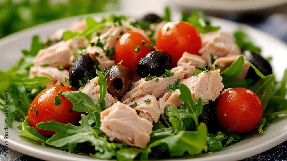 Delicious tuna salad with arugula, cherry tomatoes, and olives. Perfect for healthy eating or restaurant menus, shows fresh ingredients. Delicious tuna salad with arugula, cherry tomatoes, and olives. Perfect for healthy eating or restaurant menus, shows fresh ingredients.