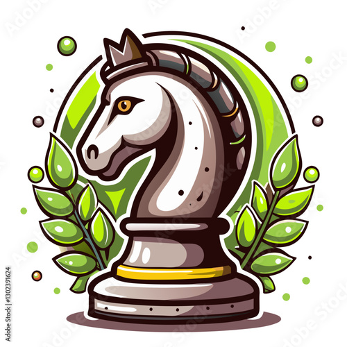 Knight chess piece illustration with green leaves