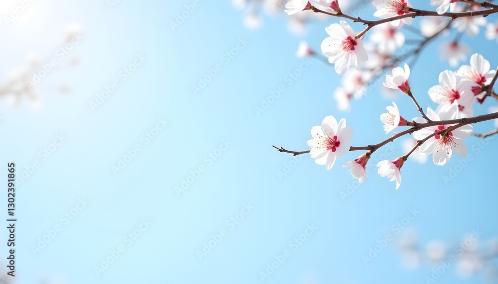 Spring banner with branches of blossoming cherry on blue sky background. photo.
Spring banner with branches of blossoming cherry on blue sky background. photo.