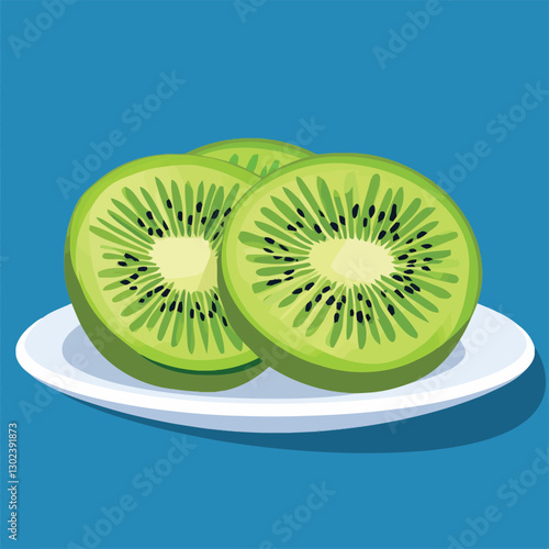 A flat 2D vector of a kiwi sliced in half on a plate.