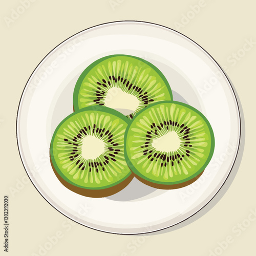 A flat 2D vector of a kiwi sliced in half on a plate.