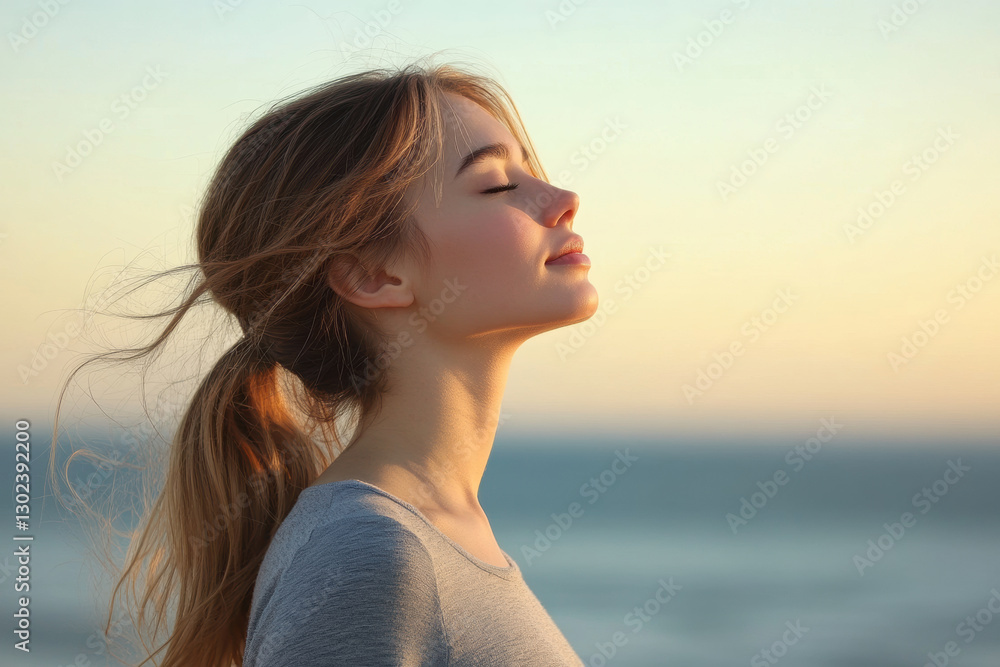 woman standing with her eyes closed, enjoying serene sunset by ocean, exuding sense of peace and tranquility woman standing with her eyes closed, enjoying serene sunset by ocean, exuding sense of peace and tranquility