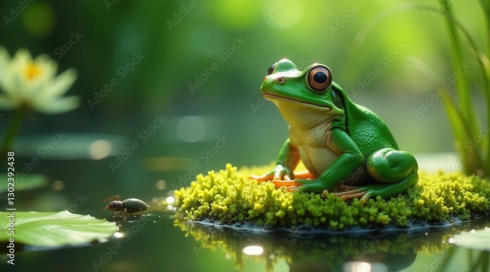 A Vibrant Green Frog Perched Serenely on a Lush Mossy Island in a Tranquil Pond, a Tiny Insect Nearby