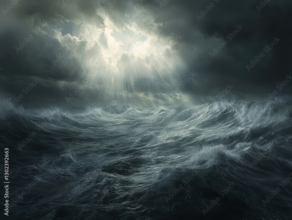 Fototapeta premium Dramatic Ocean Waves Under Dark Stormy Clouds with Rays of Light Breaking Through the Gloomy Atmosphere of a Turbulent Seascape