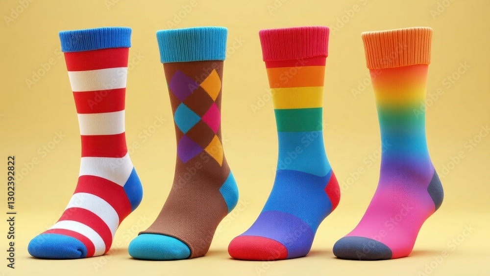 Colorful Striped Argyle and Rainbow Socks Displayed on Yellow Background Colorful Striped Argyle and Rainbow Socks Displayed on Yellow Background