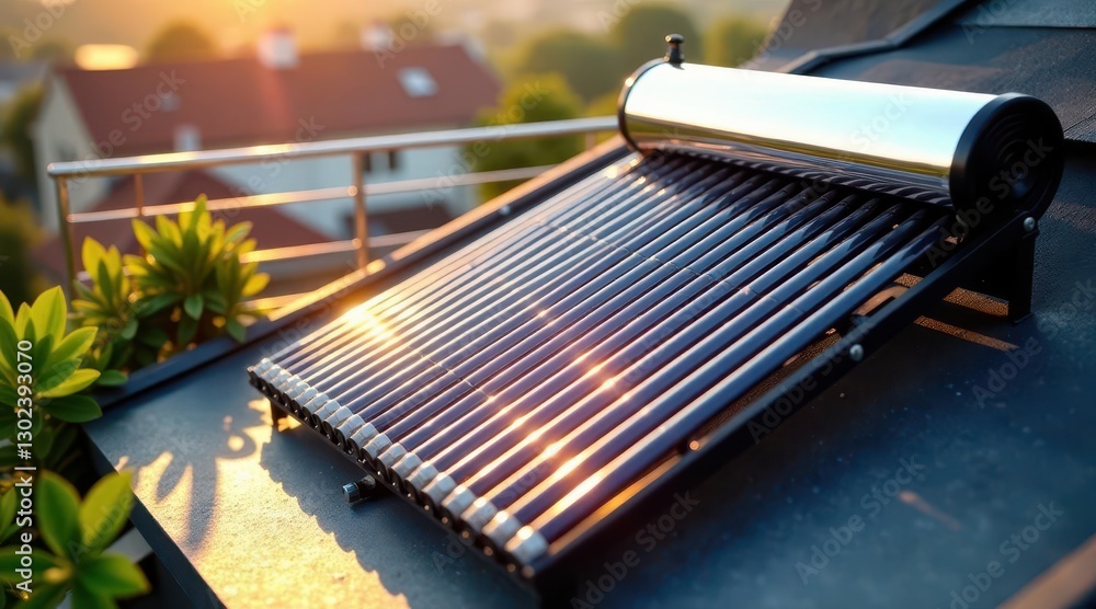 Fototapeta premium Rooftop solar thermal collector system basking in the warm golden glow of the setting sun, capturing renewable energy for domestic hot water