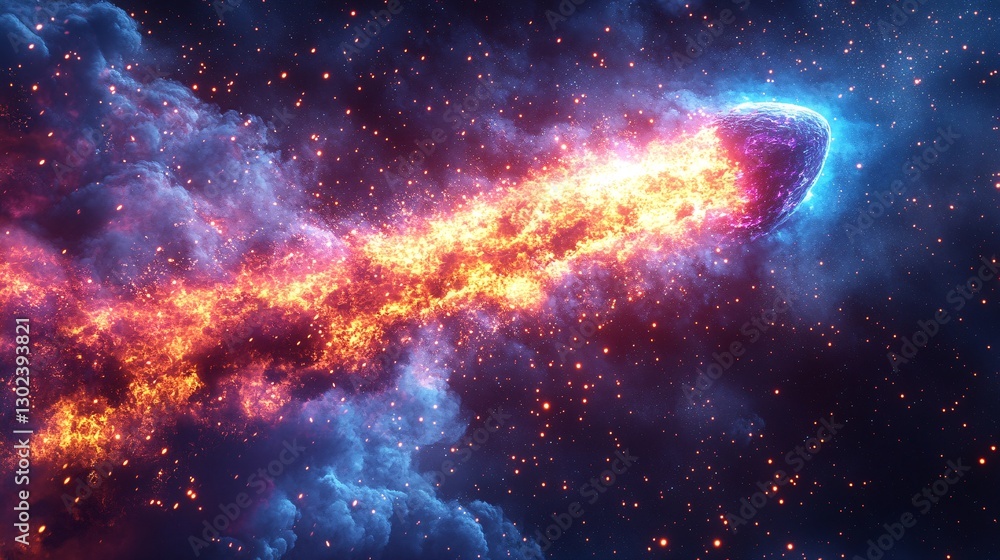 Fototapeta premium A glowing meteor crashing into a neon-colored energy shield