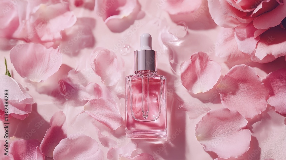 A delicate cascade of pink rose petals encircles a clear dropper bottle, nestled on a velvety, pastel surface, exuding an aura of tranquility and romance. A delicate cascade of pink rose petals encircles a clear dropper bottle, nestled on a velvety, pastel surface, exuding an aura of tranquility and romance.