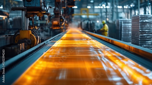 Wallpaper Mural  Fast-moving conveyor belt in factory with glowing orange sheets, highlighting high-speed industrial production and automation in modern manufacturing. Torontodigital.ca