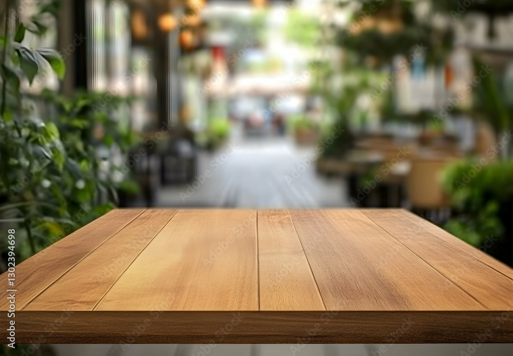 Wooden Table Surface with Blurred Outdoor Background, Ideal for Product Mockups and Visual Presentations in Natural Settings with Ambiance Wooden Table Surface with Blurred Outdoor Background, Ideal for Product Mockups and Visual Presentations in Natural Settings with Ambiance