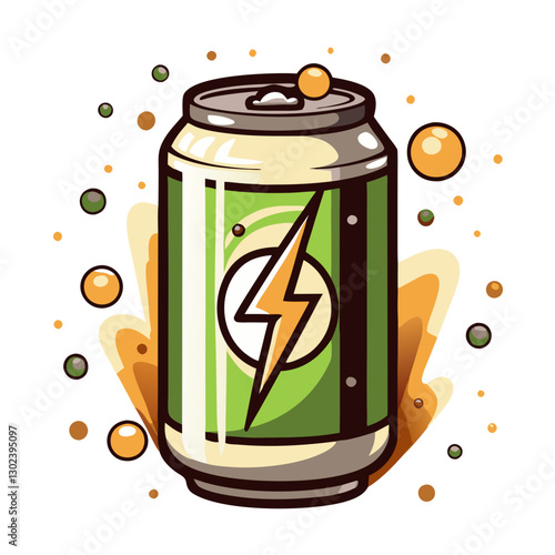 Energy drink can with lightning bolt illustration on splash background