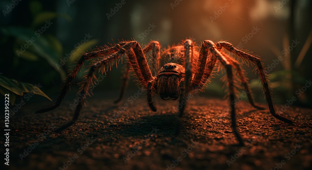 Majestic spider illuminated in a forest setting showcasing intricate details and striking features during twilight hours. Generative AI