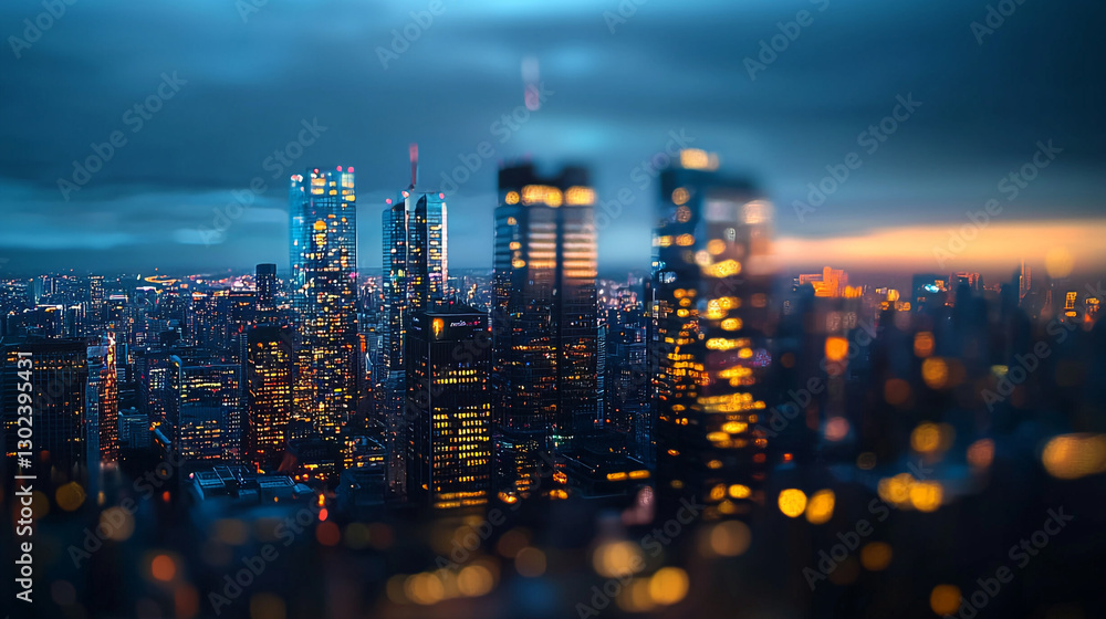 Fototapeta premium Stunning night cityscape view with illuminated skyscrapers and golden lights dark blue urban modern