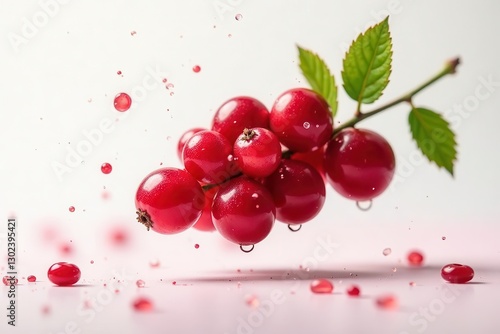Vibrant Red Berries Suspended in Air with Splashing Juice Droplets on a Pale Pink Surface