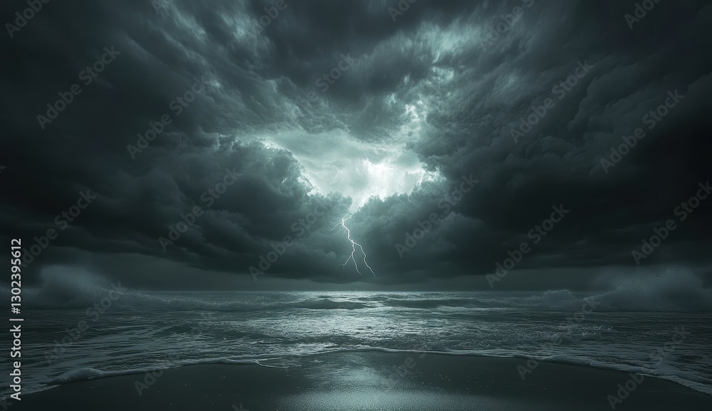 Fototapeta premium Dramatic Stormy Ocean Scene with Dark Clouds and Lightning Illuminating the Sky Above Turbulent Waters at Dusk