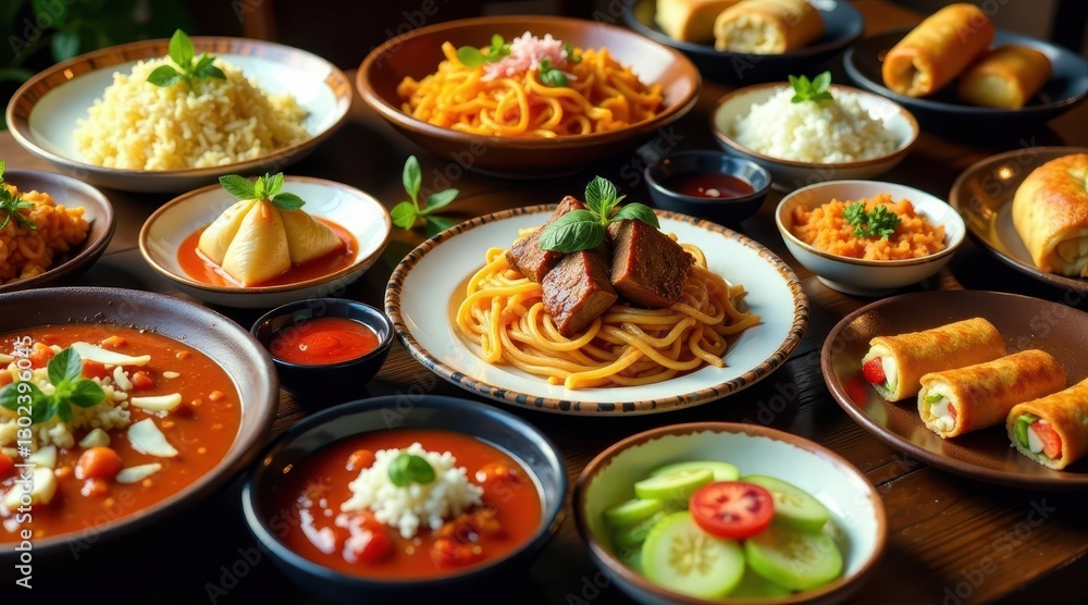 A Diverse Array of Savory Dishes Featuring Exquisite Pasta, Rice, Stews, and Spring Rolls, Served on a Rustic Wooden Tabletop A Diverse Array of Savory Dishes Featuring Exquisite Pasta, Rice, Stews, and Spring Rolls, Served on a Rustic Wooden Tabletop