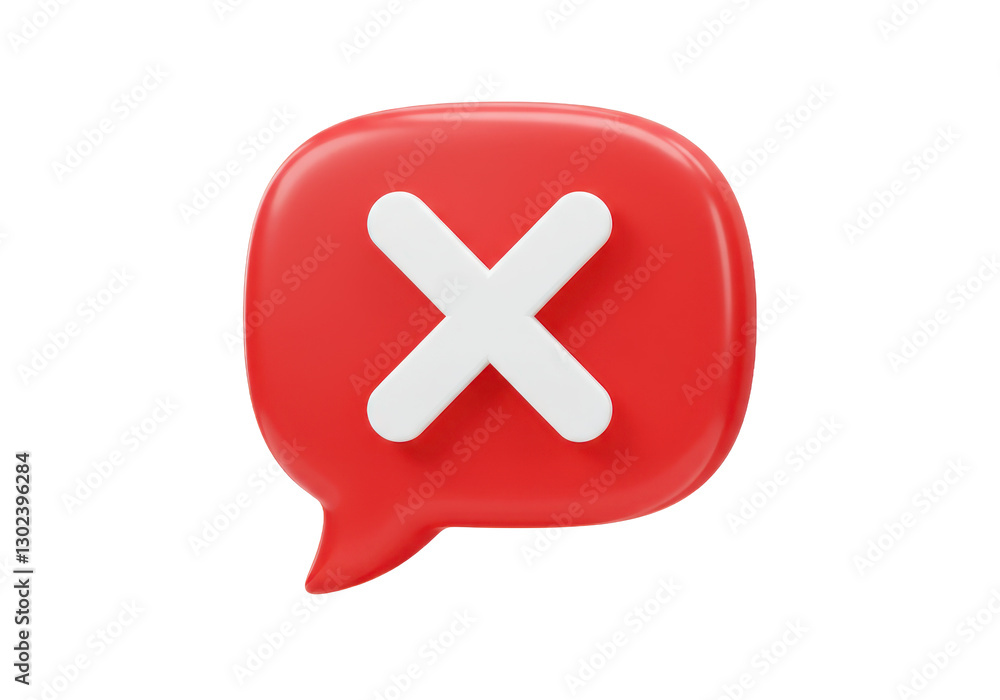3D illustration of a red speech bubble icon with a white X mark inside symbolizing an error 3D illustration of a red speech bubble icon with a white X mark inside symbolizing an error