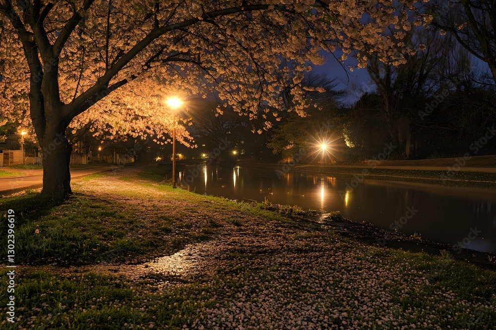 Fototapeta premium Night scene of cherry blossoms near a tranquil waterway