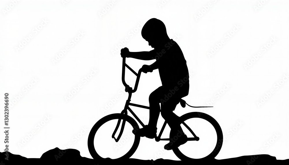 Fototapeta premium Child riding bicycle silhouette on white background, playful joy